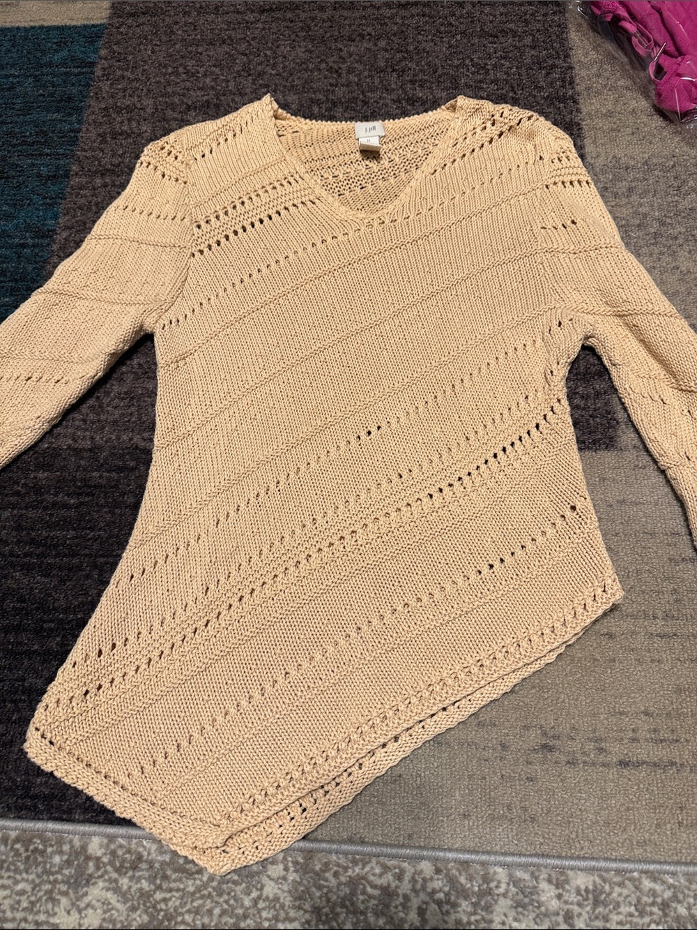 J. Jill Lightweight V-Neck Asymmetrical Knit Sweater - Cream/Yellow